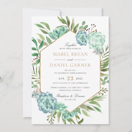 緑の幾何学的な金ゴールドフレーム結婚の数 招待状 (正面)