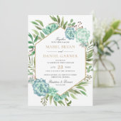 緑の幾何学的な金ゴールドフレーム結婚の数 招待状 (スタンド正面)