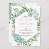 緑の幾何学的な金ゴールドフレーム結婚の数 招待状 (正面/裏面)