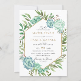 緑の幾何学的な金ゴールドフレーム結婚の数 招待状