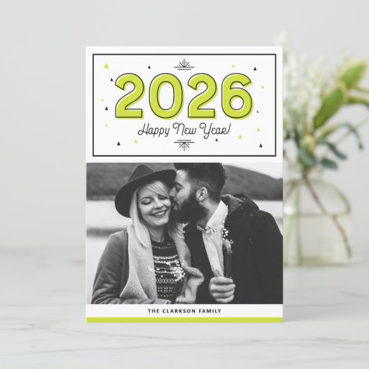 緑の幾何学的タイポグラフィ写真新年おめでとう シーズンカード (スタンド正面)