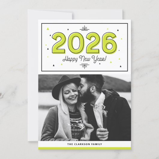 緑の幾何学的タイポグラフィ写真新年おめでとう シーズンカード (正面)