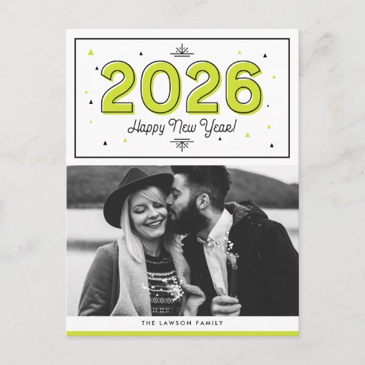 緑の幾何学的タイポグラフィ写真新年おめでとう シーズンポストカード (正面)