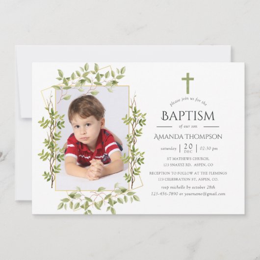 緑の幾何学的バプテスマまたは《キリスト教》洗礼式や命名式 招待状 (正面)