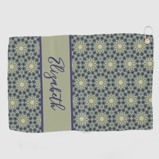 緑の幾何学的パターン、名前をカスタムするレディース ゴルフタオル (横)