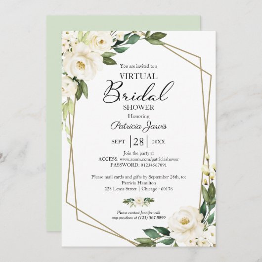 緑の幾何学的フローラ仮想ブライダルシャワー 招待状 (正面/裏面)