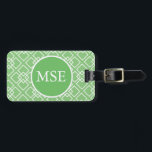 緑の幾何学的モノグラムパターン ラゲッジタグ<br><div class="desc">またエレガントモダンは、メッセンジャーバッグ、ノートPCバッグ、リストレット、荷物タグとキャンバストトートバッグに利用可能なオプションのモノグラムとアップルの緑と白の幾何学的パターン。自分の名前、イニシャル、または文字を追加してギフトをパーソナライズする。</div>