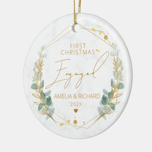 緑の幾何学的初めてのクリスマス 婚約した セラミックオーナメント (左)