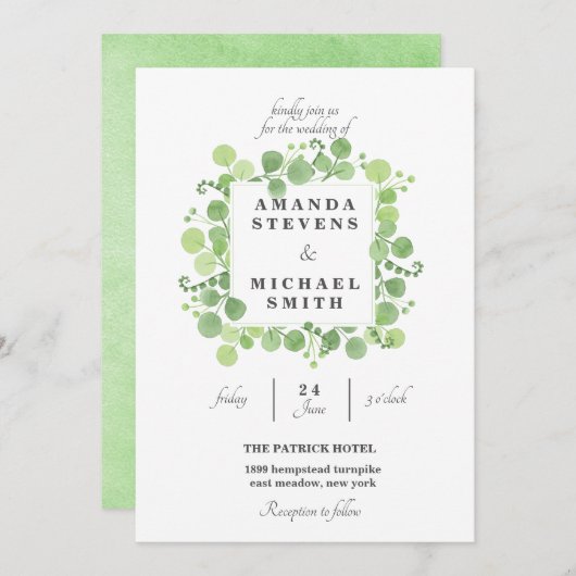 緑の広場葉リース水結婚色 招待状 (正面/裏面)