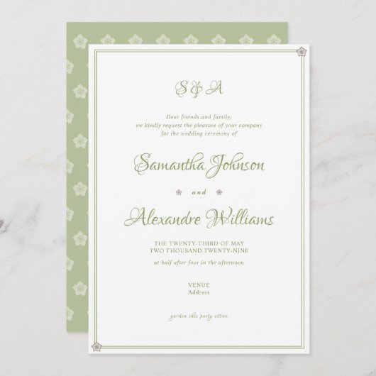 緑の庭園の結婚式式ミニマリストスクリプト 招待状 (正面/裏面)