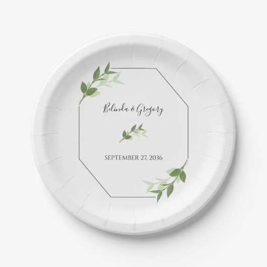 緑の庭葉のフレーム結婚ズ ペーパープレート (正面)
