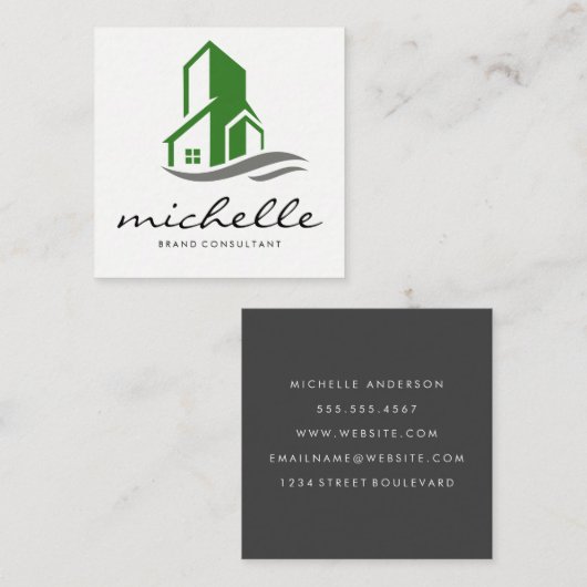 緑の建物アイコン スクエア名刺 (正面/裏面)