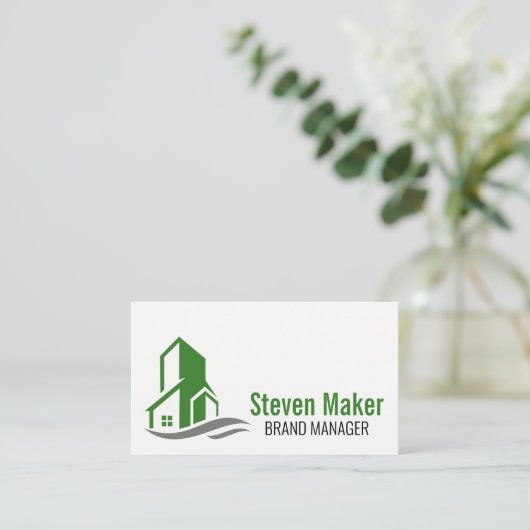 緑の建物アイコン 名刺 (スタンド正面)
