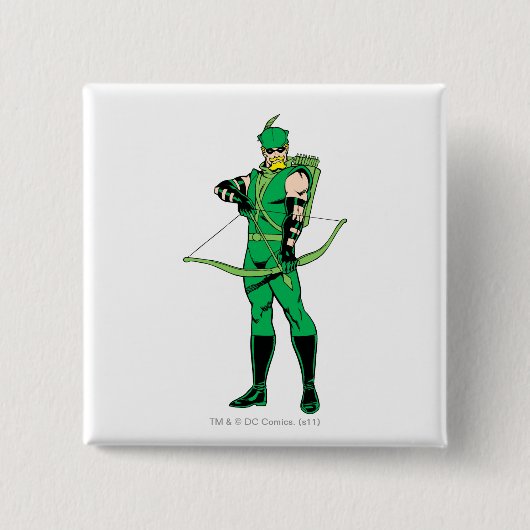 緑の弓を構えるグリーンアロー 缶バッジ (正面)