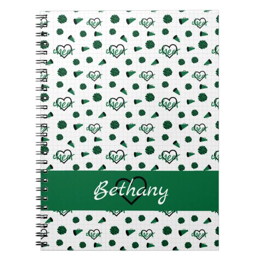 緑の応援ハート、ポムポム、メガフォンパターン ノートブック (正面)