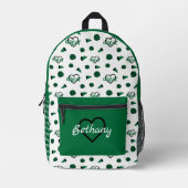緑の応援ハート、ポムポム、メガフォンパターン プリントバックパック (正面)