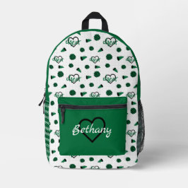 緑の応援ハート、ポムポム、メガフォンパターン プリントバックパック