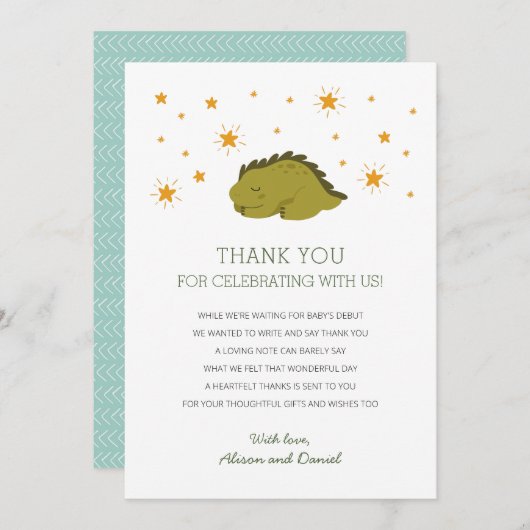 緑の恐竜が赤ちゃん男女兼用のシャワーを星 サンキューカード (正面/裏面)