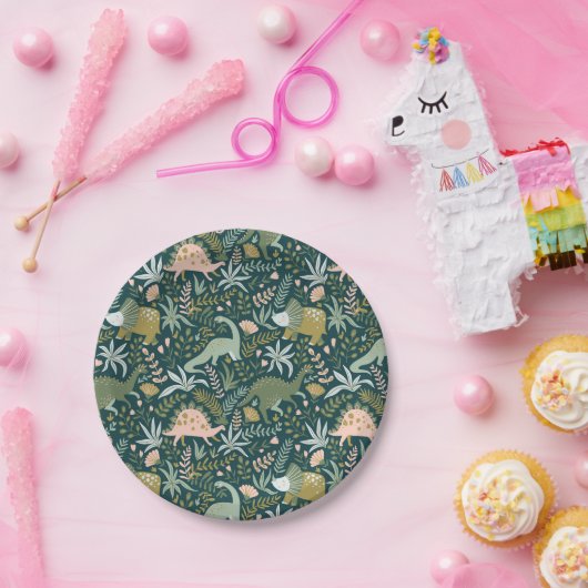 緑の恐竜のパターン ペーパープレート (パーティー)
