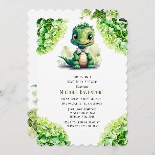 緑の恐竜のフローラ男女兼用の赤ちゃんシャワー 招待状 (正面/裏面)