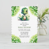 緑の恐竜のフローラ男女兼用の赤ちゃんシャワー 招待状 (スタンド正面)