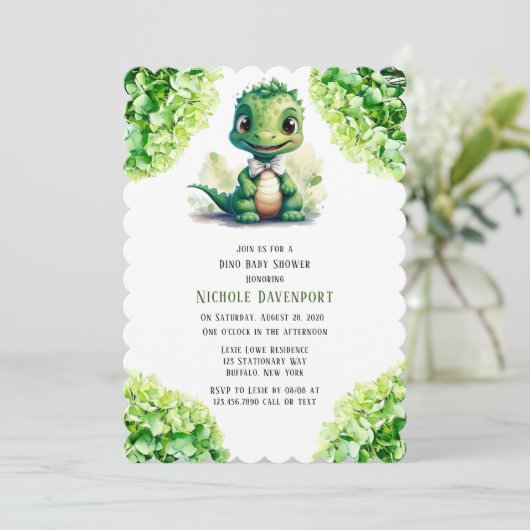 緑の恐竜のフローラ男女兼用の赤ちゃんシャワー 招待状 (スタンド正面)