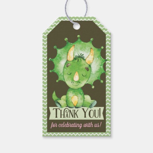 緑の恐竜の女の子の赤ちゃんシャワーありがとうギフトラベル ギフトタグ (正面)