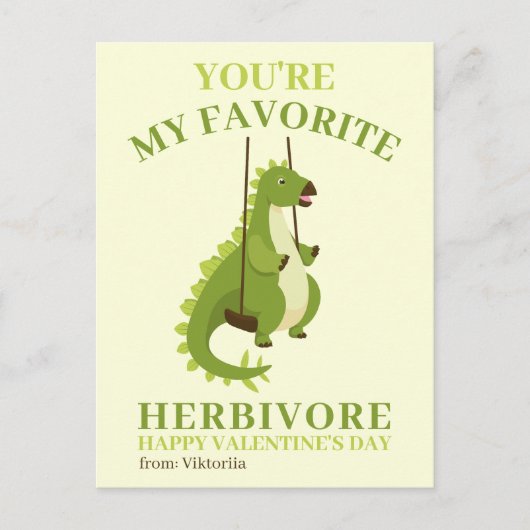 緑の恐竜の子供スクールバレンタイン少年の女の子 シーズンポストカード (正面)