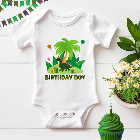 緑の恐竜の誕生日パーティー ベビーボディスーツ