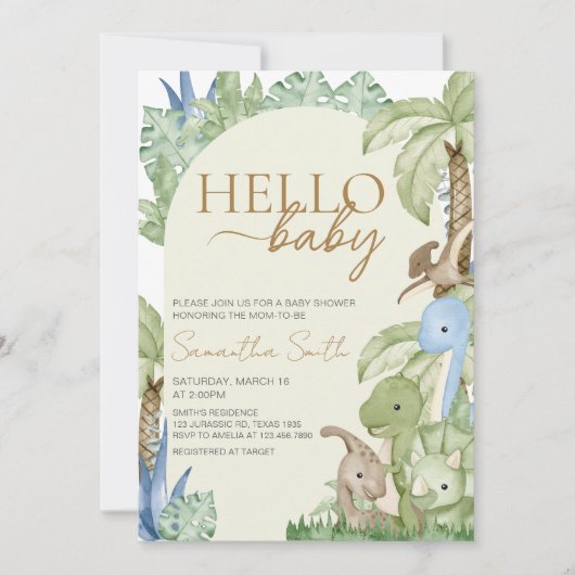緑の恐竜の赤ちゃんシャワー 招待状 (正面)