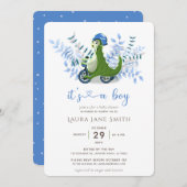 緑の恐竜の青い葉トリクボーイ赤ちゃんシャワー 招待状 (正面/裏面)
