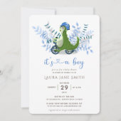緑の恐竜の青い葉トリクボーイ赤ちゃんシャワー 招待状 (正面)