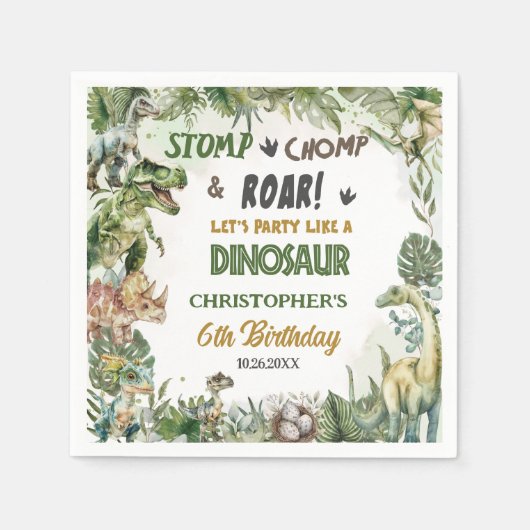 緑の恐竜ジュラシック男の子の誕生日パーティー スタンダードカクテルナプキン (正面)