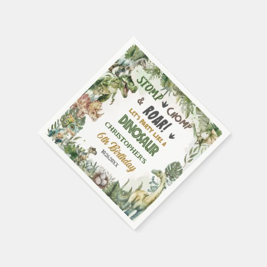 緑の恐竜ジュラシック男の子の誕生日パーティー スタンダードカクテルナプキン (角)