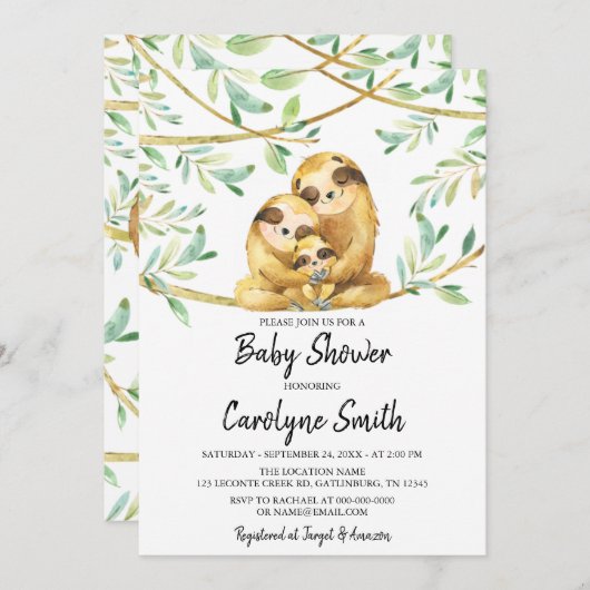 緑の愛らしいナマケモノのベビーシャワー招待状 招待状 (正面/裏面)