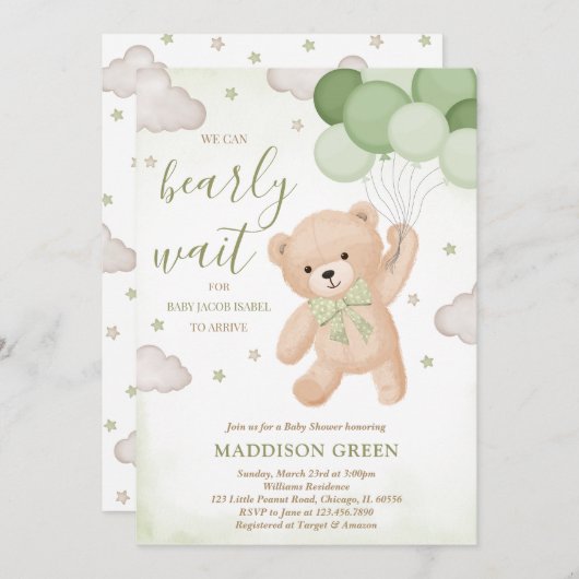 緑の我々は赤ちゃんのシャワーを待つことができる 招待状 (正面/裏面)