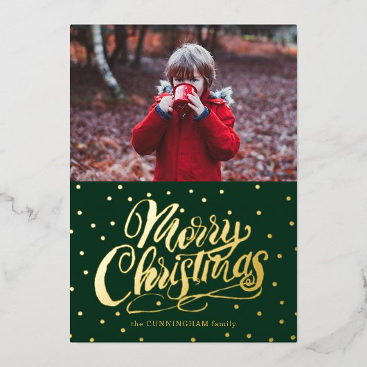 緑の手で手紙を書いたメリークリスマス 箔シーズンカード (正面)