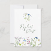 緑の手のワイルドフラワーの水の色RSVP 結婚's 出欠カード (正面)