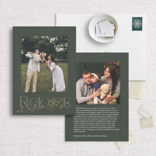 緑の手の文字"レジョイス"ホリデーフォトカード シーズンカード