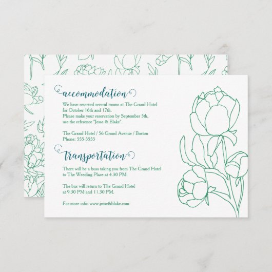 緑の手描き牡丹結婚の花 エンクロージャーカード (正面/裏面)