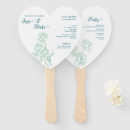 緑の手描き牡丹結婚の花 ハンドファン (正面&裏面)