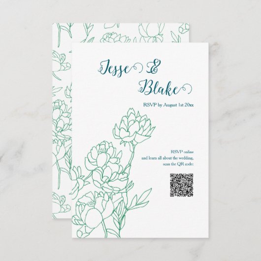 緑の手描き牡丹結婚の花 出欠カード (正面/裏面)