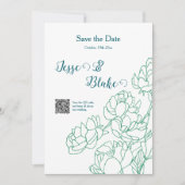 緑の手描き牡丹結婚の花 招待状 (正面)