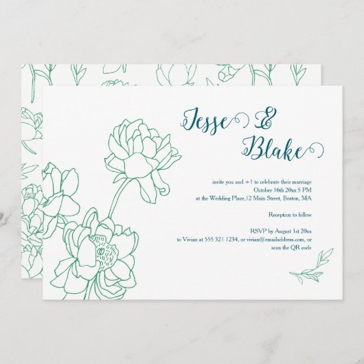 緑の手描き牡丹結婚の花 招待状 (正面/裏面)