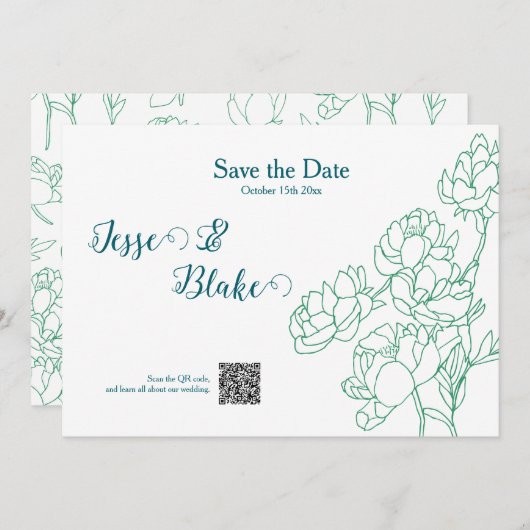 緑の手描き牡丹結婚の花 招待状 (正面/裏面)