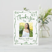 緑の手描き落書き写真　卒業　白　レトロ サンキューカード (スタンド正面)