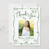 緑の手描き落書き写真　卒業　白　レトロ サンキューカード (正面)