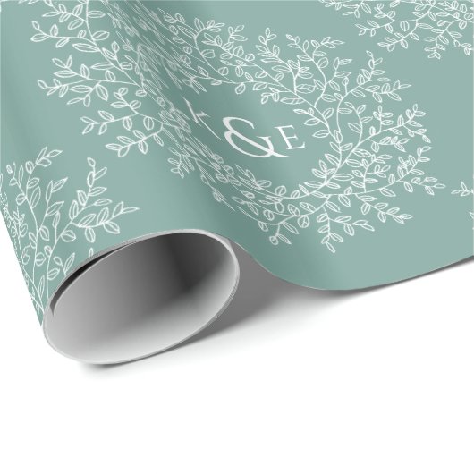 緑の手描き葉モノグラムのアートサークル ラッピングペーパー (ロールコーナー)