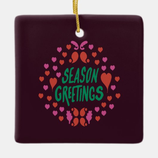 緑の手書きでハートで挨拶 セラミックオーナメント (正面)