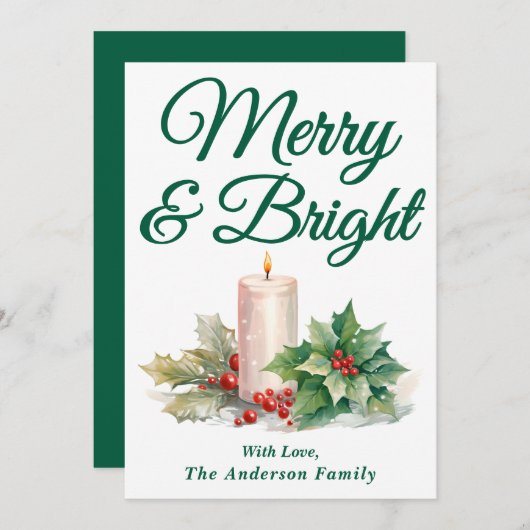 緑の手書きスクリプメリートと明るい シーズンカード (正面/裏面)